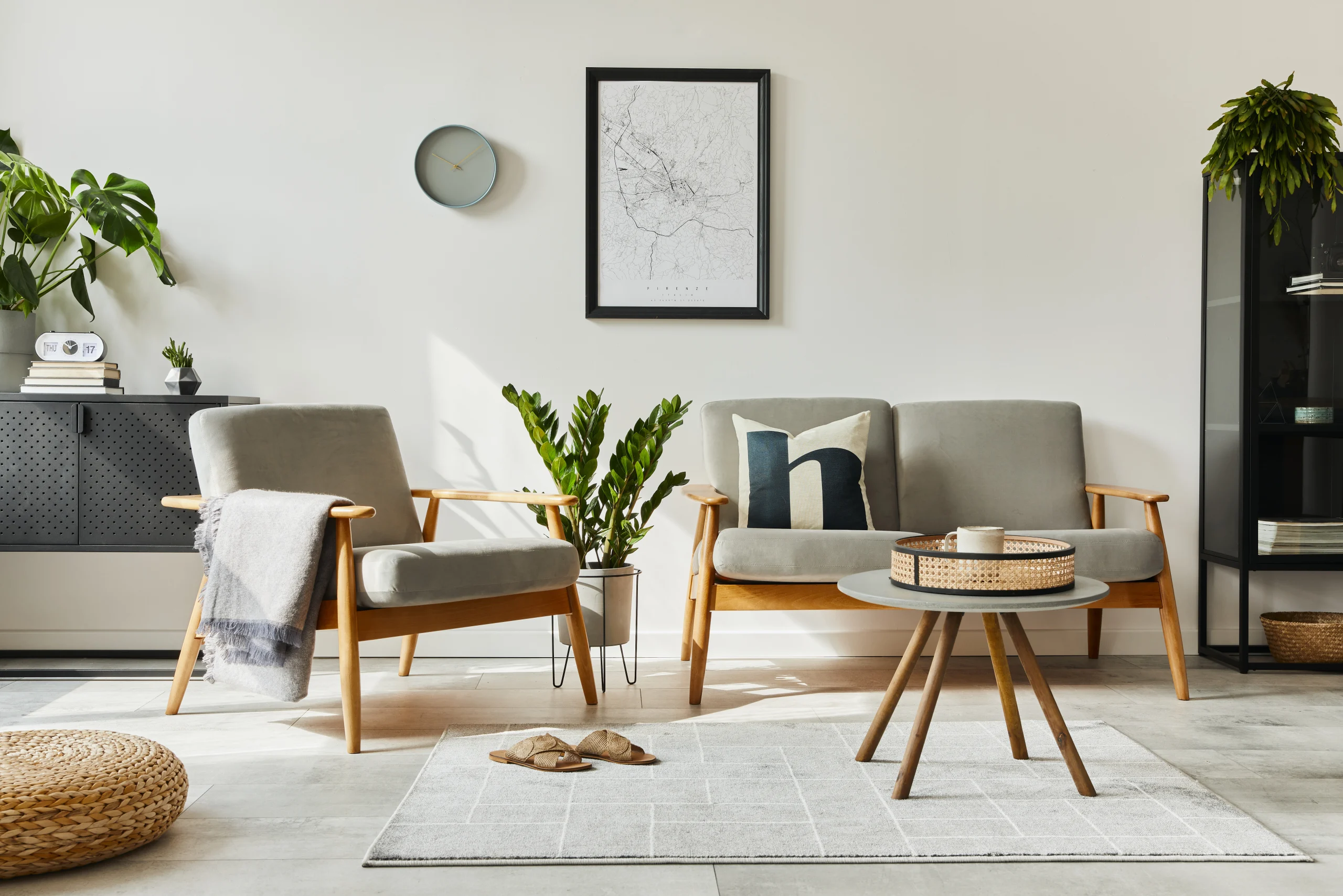 modern-retro-concept-home-interior-with-design-sofa-armchair-coffee-table-plants-mock-up-poster-map-carpet-personal-accessoreis-stylish-home-decor-living-room